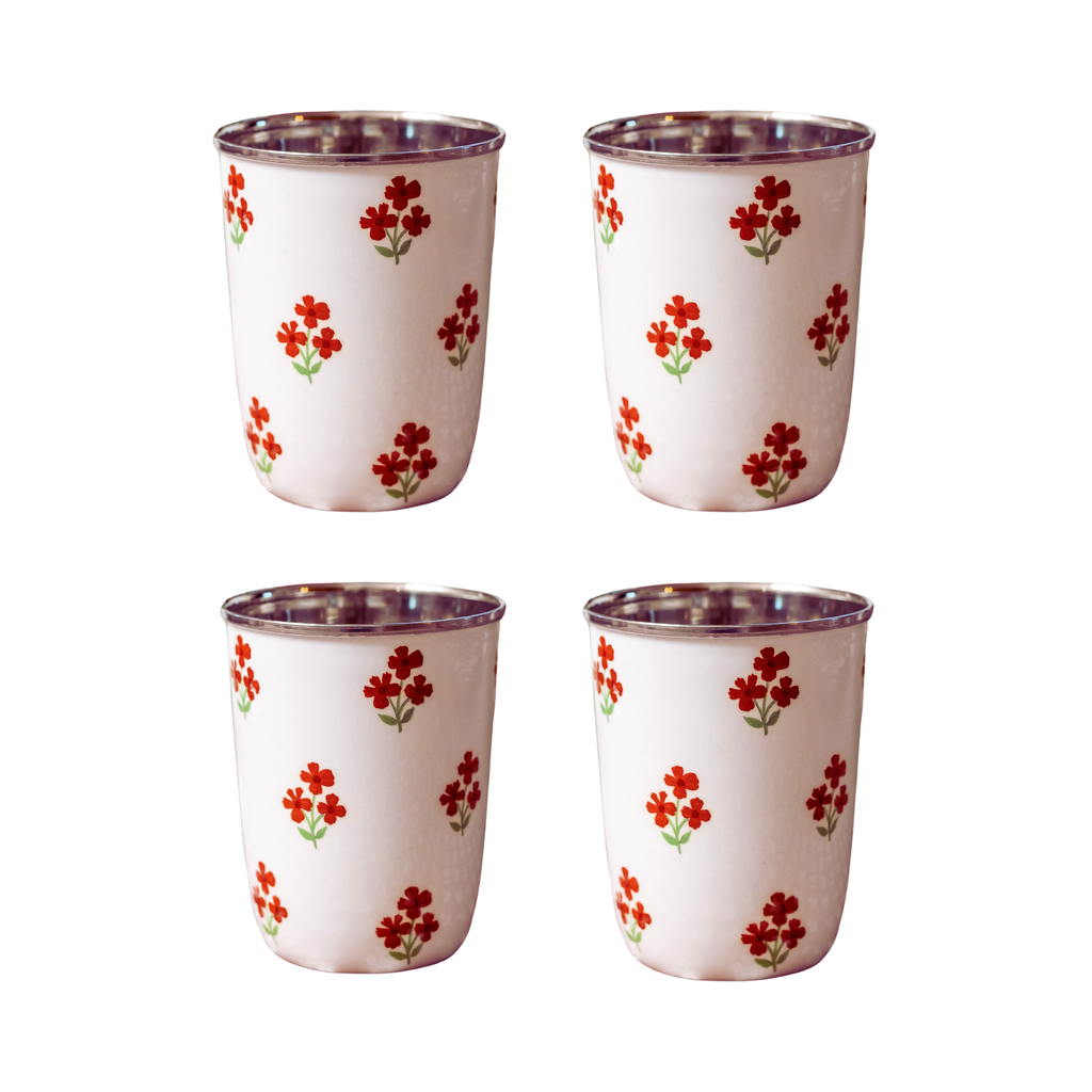 Red Floral Short Enamelware Tumbler - Set of 4