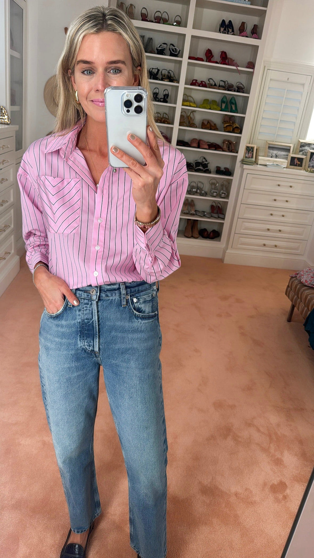 MASON'S DAUGHTER | the Cropped Cuff Boyfriend Shirt, Pink Striped Poplin