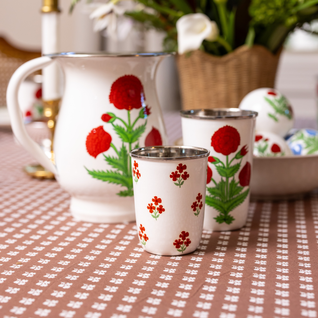 Red Floral Short Enamelware Tumbler - Set of 4