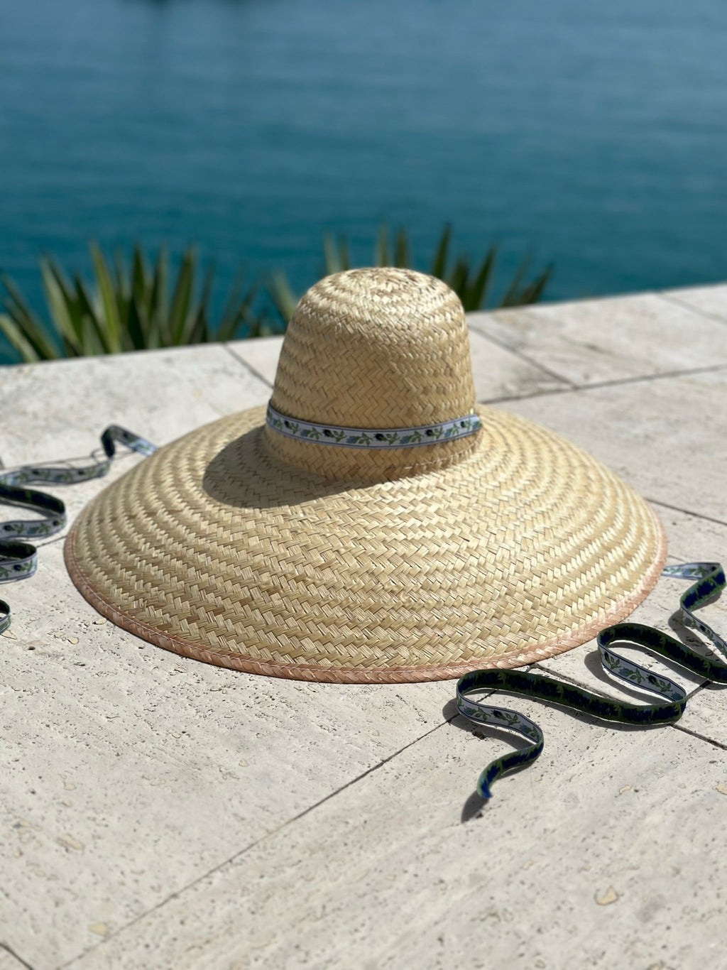 Geranium Sun Hat - Short & Wide French Blue Grosgrain Ribbon