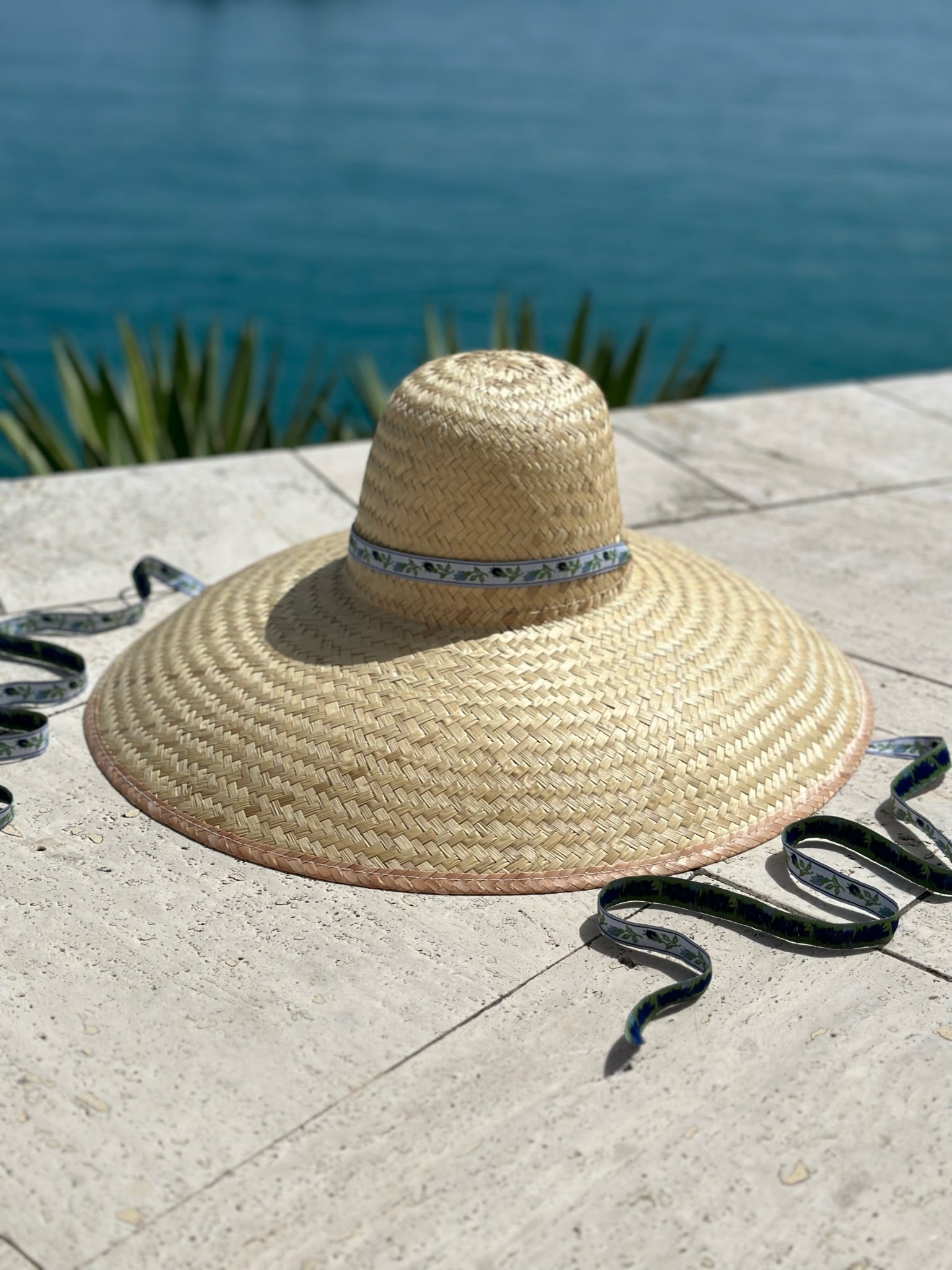 Geranium Sun Hat - Short & Wide French Blue Grosgrain Ribbon