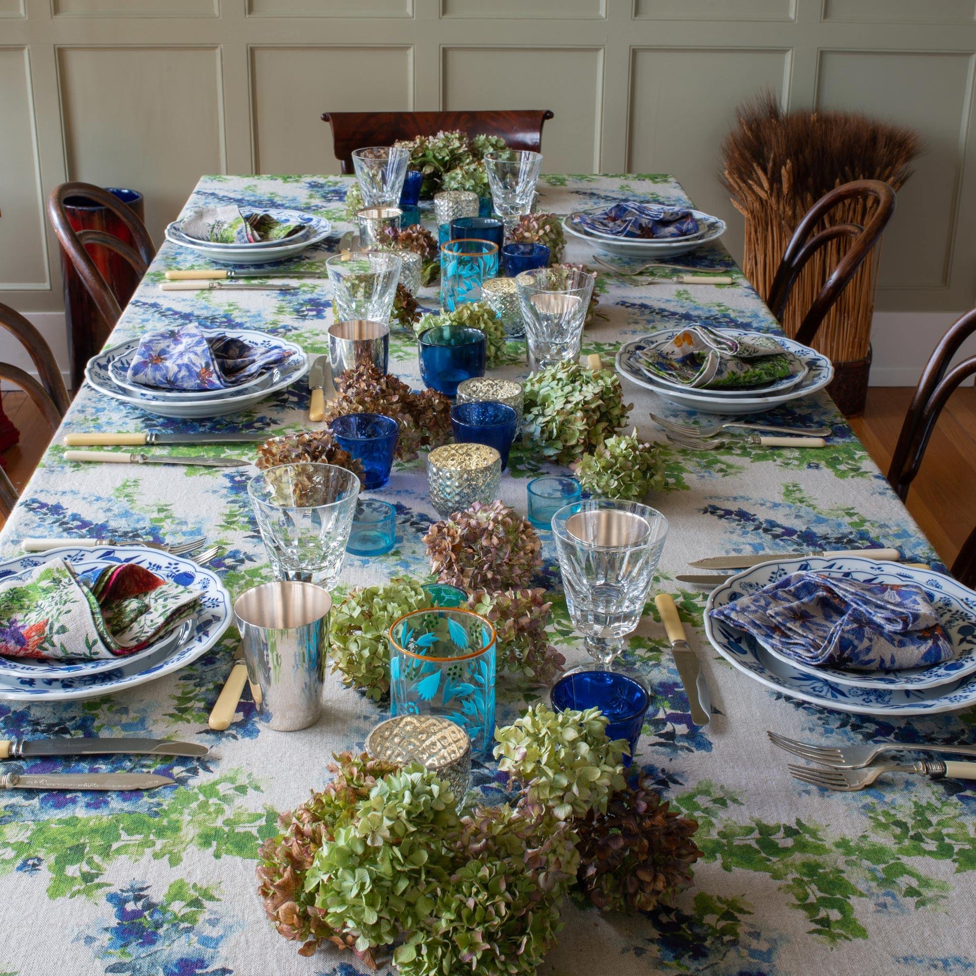 Organic Linen Tablecloth in Blue and Green Wisteria Print