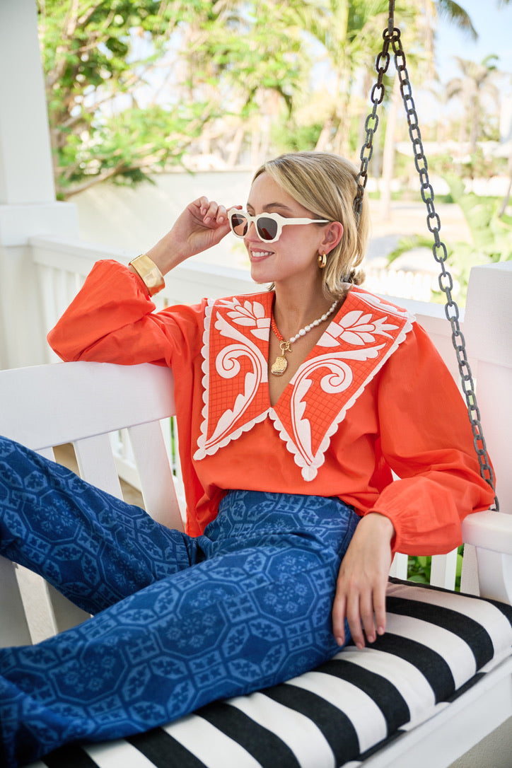 Emma Deep V Quilted Collar Blouse - Coral