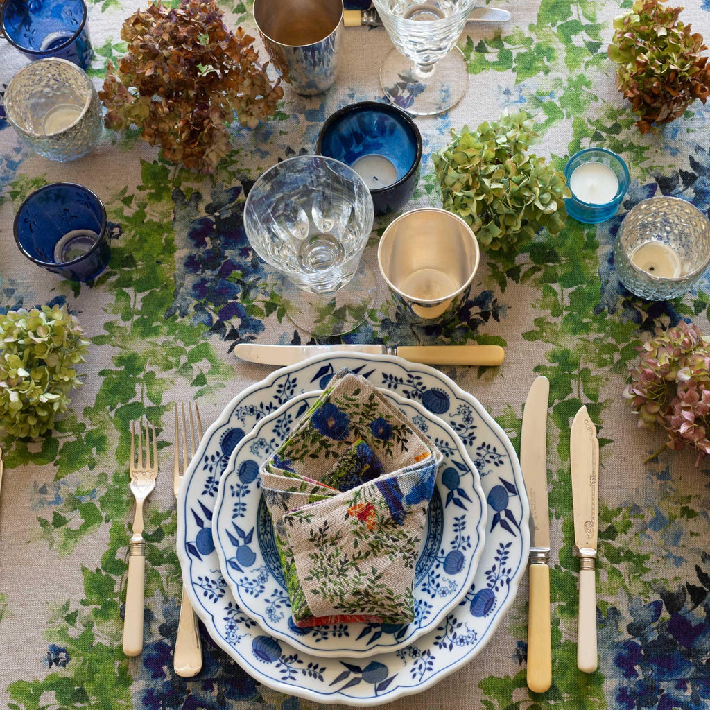 Organic Linen Tablecloth in Blue and Green Wisteria Print