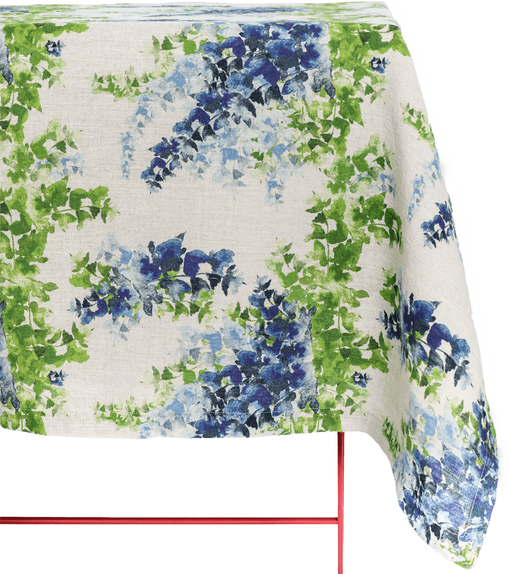Organic Linen Tablecloth in Blue and Green Wisteria Print