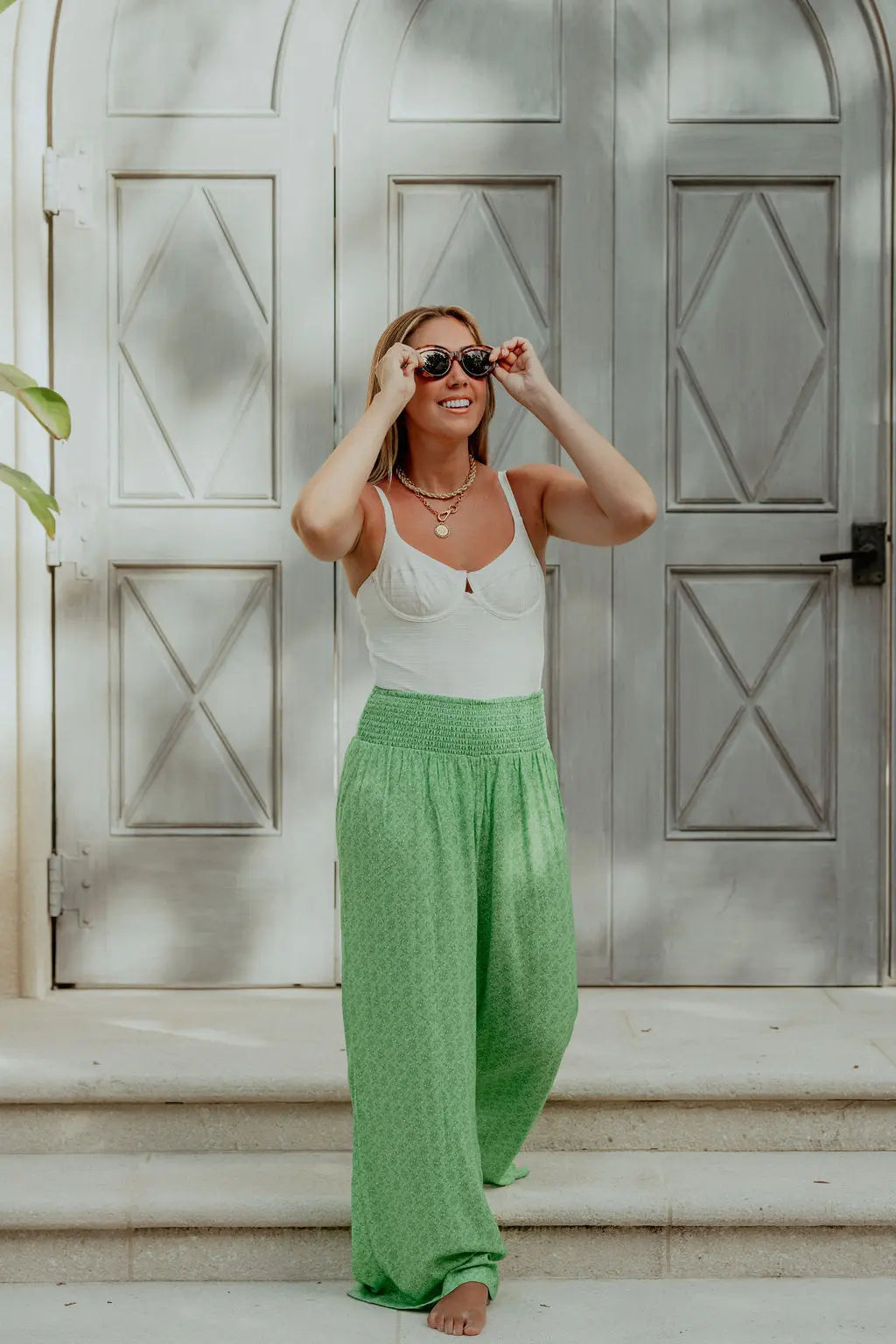 The Anytime Beach Pant - Green Trellis